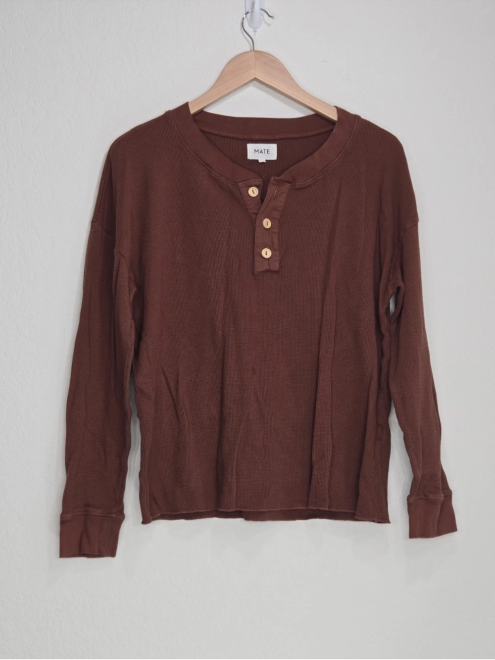 MATE Shirt Cropped Waffle Knit Henley Long Sleeve Organic Cotton Size L Womens